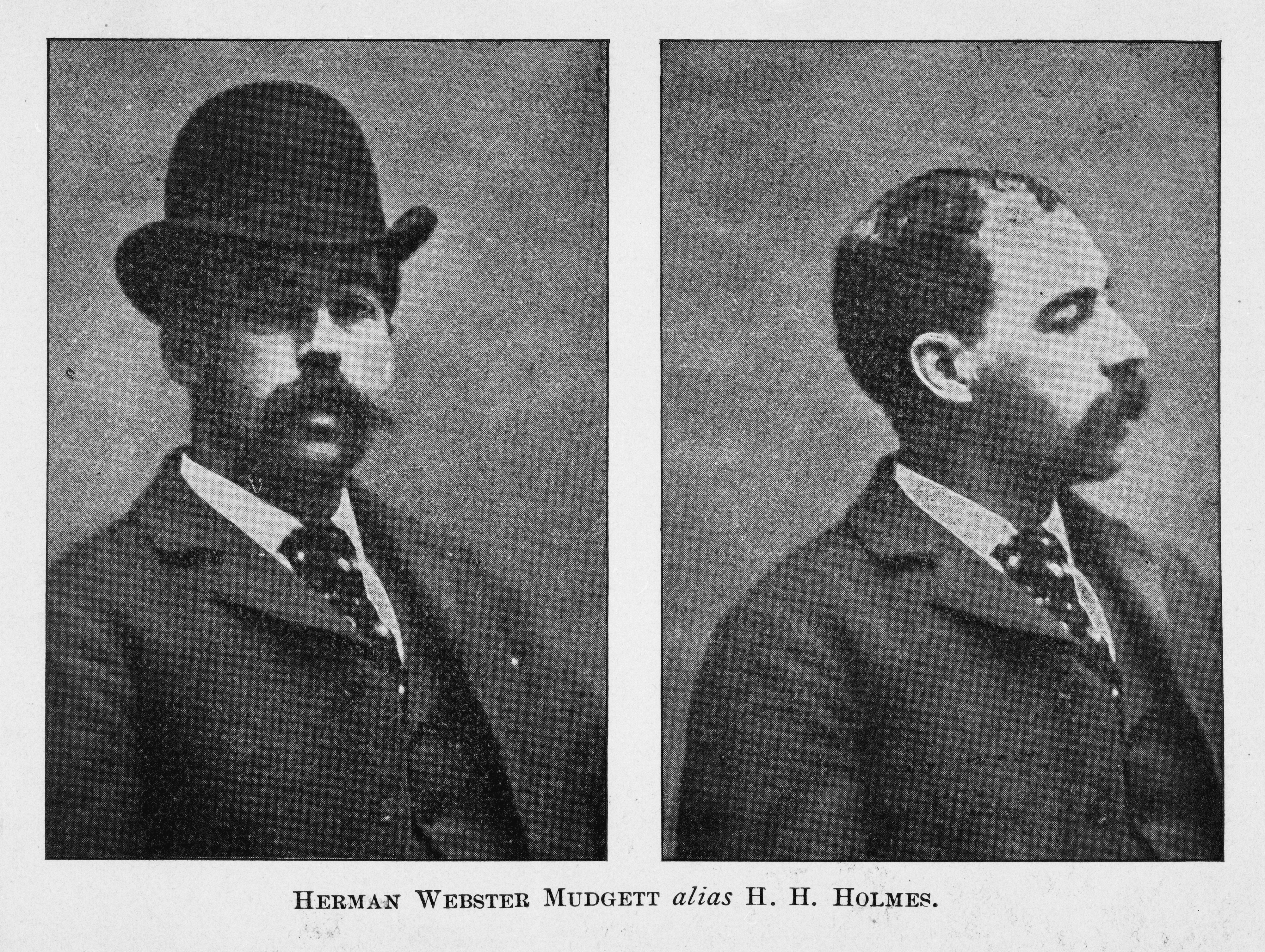 Two portraits (one a profile) of American pharmacist and convicted serial killer Herman Webster Mudgett (better known by his alias H.H. Holmes, 1861 - 1896)