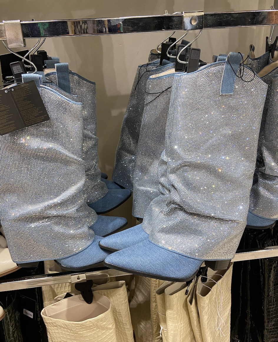 Fold-over rhinestone jean cowboy boots
