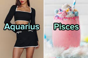 On the left, someone wearing a long-sleeved crop top and a coordinating mini skirt labeled Aquarius, and on the right, a bright milkshake topped with whipped cream, sprinkles, and cotton candy labeled Pisces