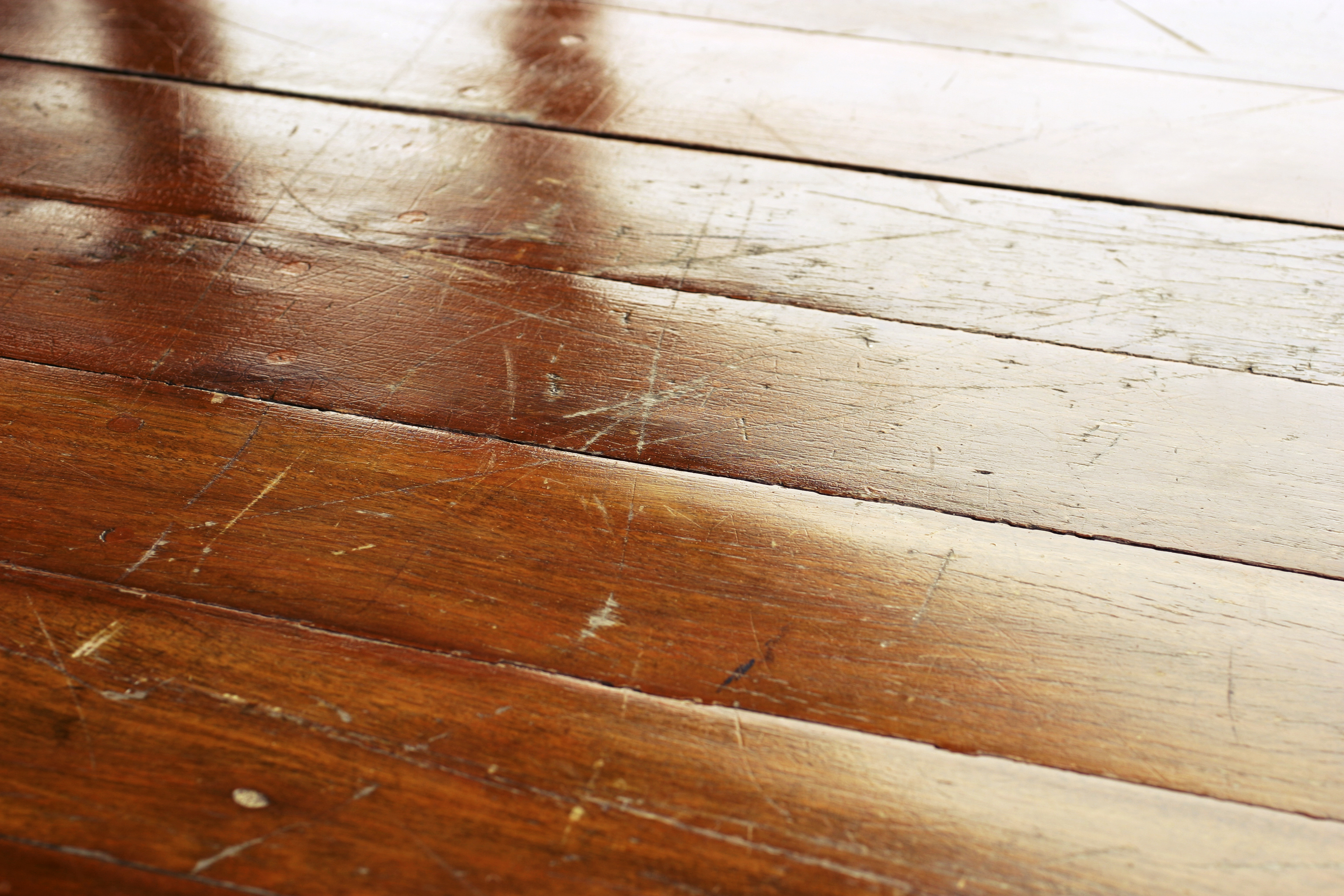 A hardwood floor is full of scratches