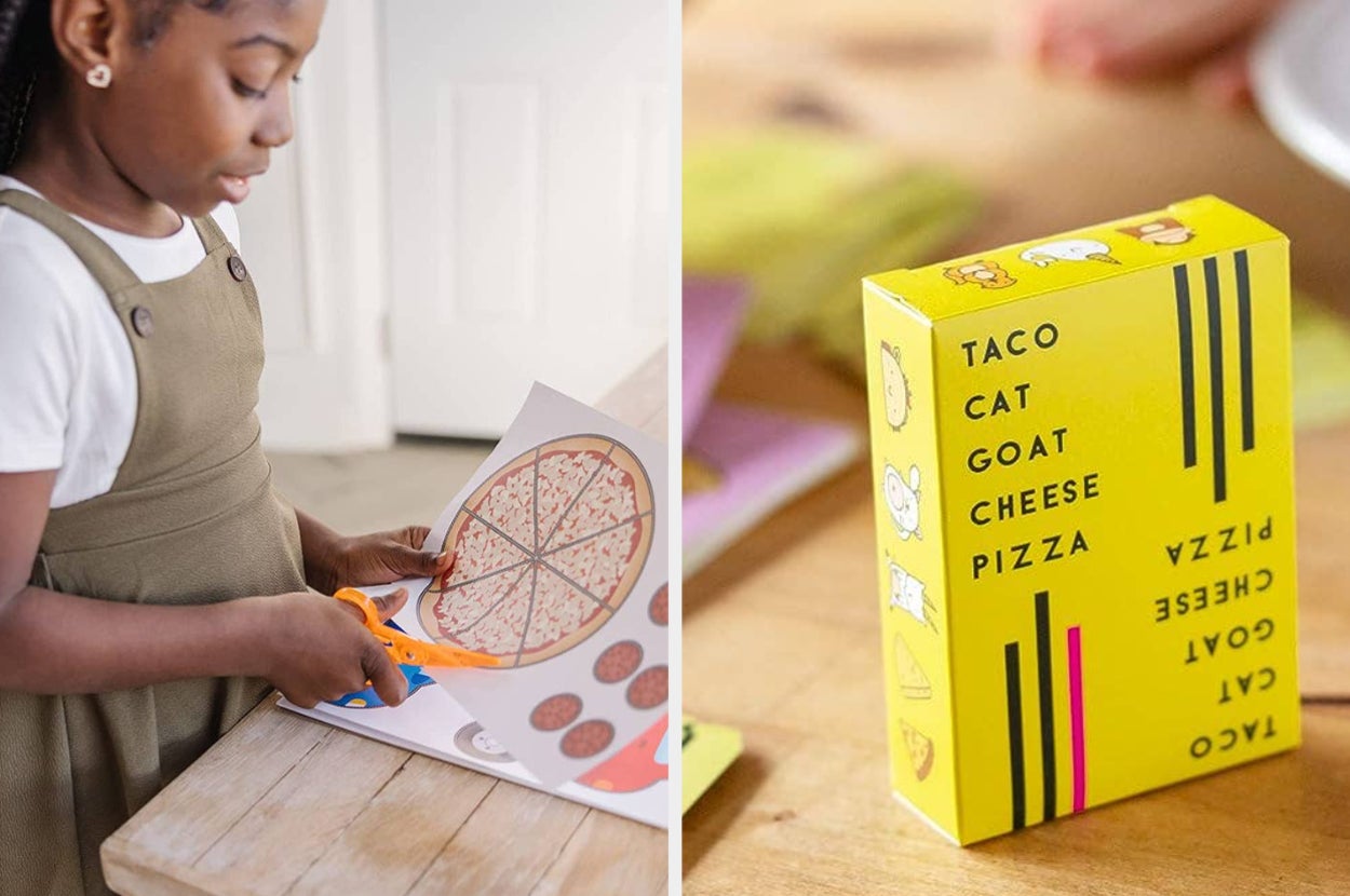 L: a child model cutting out shapes, R: a card game in a box that reads "taco cat goaat cheese pizza"