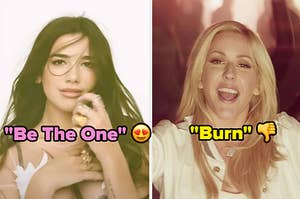 Dua Lipa brushes her long hair out of her face in the "Be The One" music video. Her face is relaxed. Next to her is a separate image of Ellie Goulding singing, mouth open and showing all teeth.