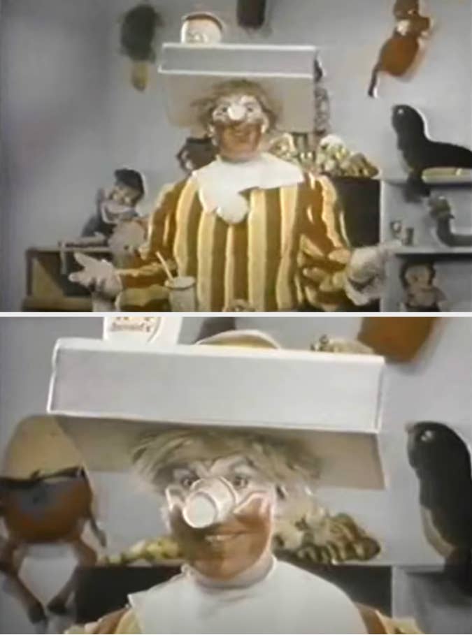 Old-school Ronald McDonald whimsical clown in a striped outfit with a box hat with McDonald's food items inside