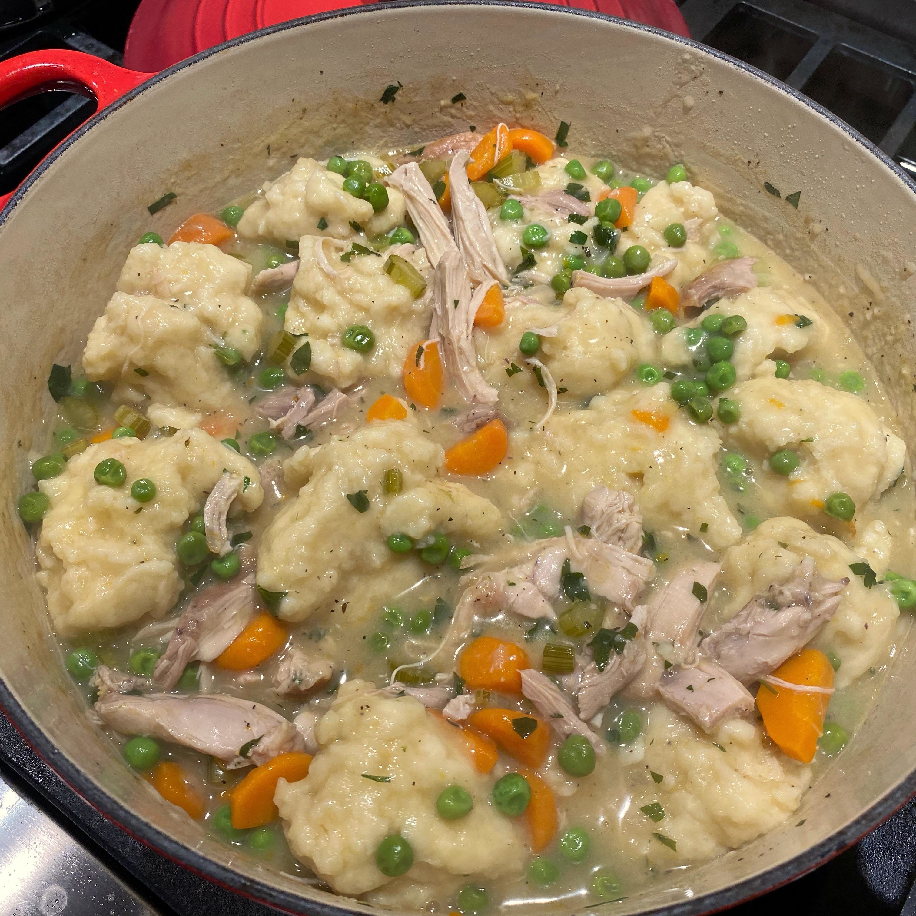 Close-up of a pot of chicken and dumplings
