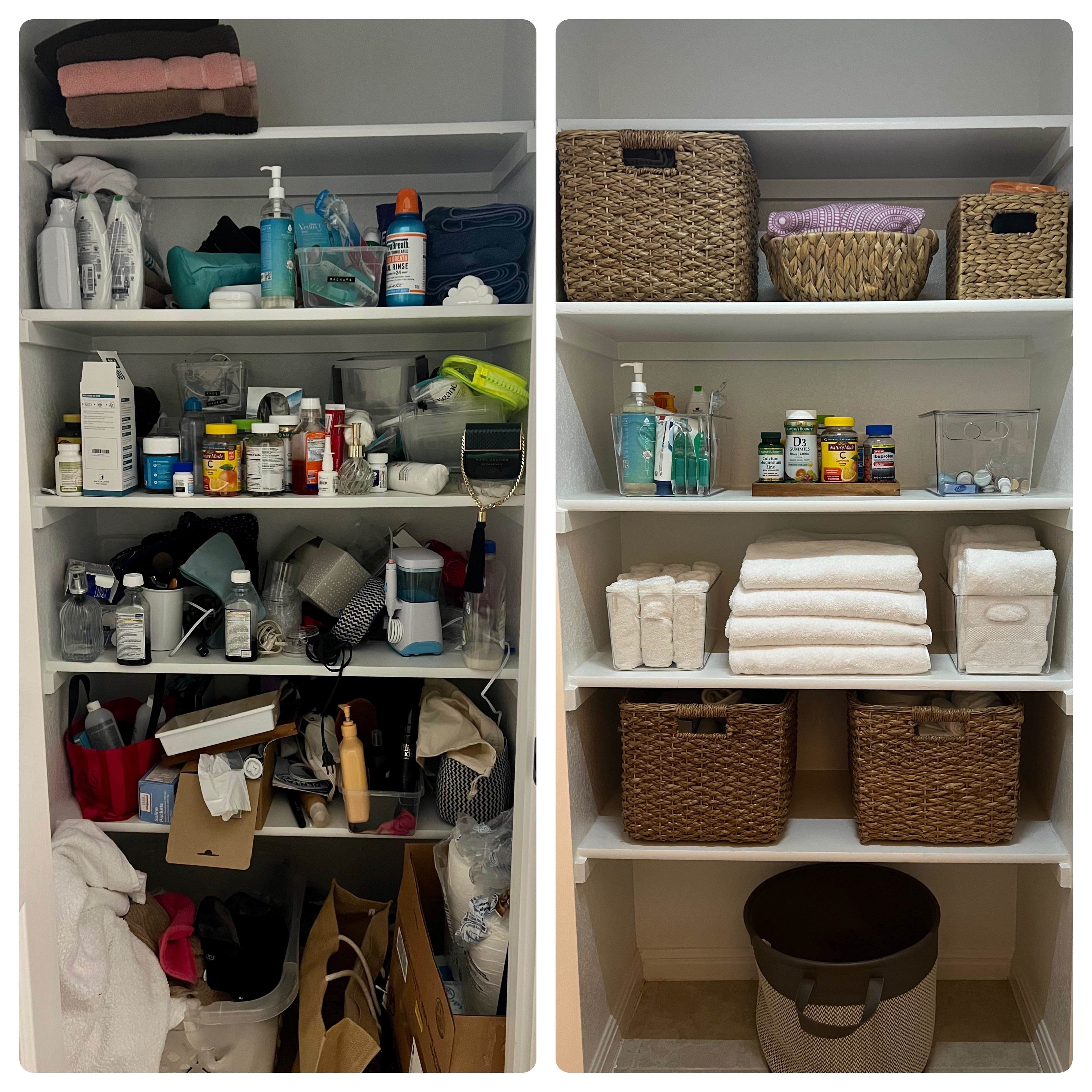 Cluttered bathroom closet before turned into a clean closet after, with lots of storage bins for organization