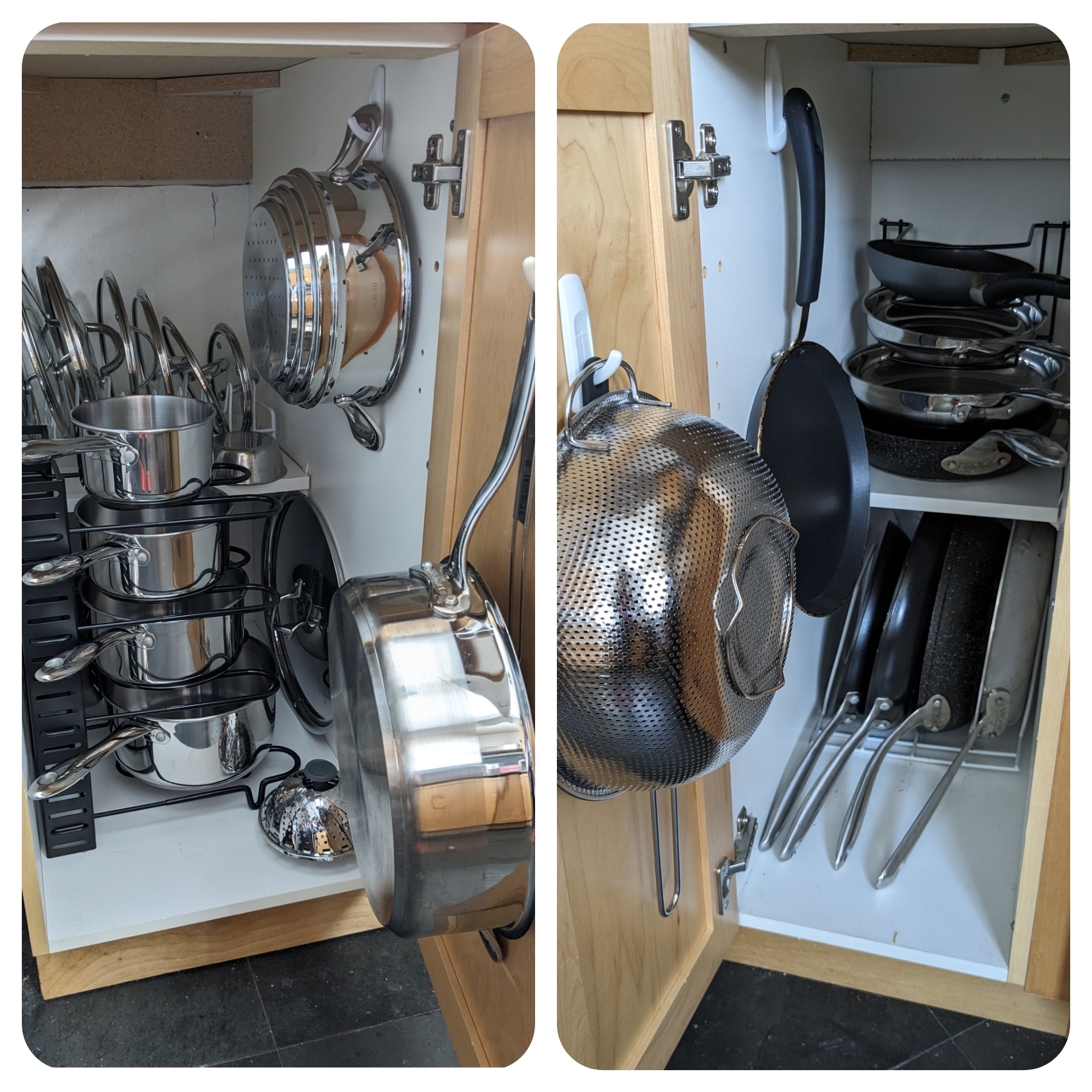 Command hooks and wire organizers holding pots and pans inside a cabinet