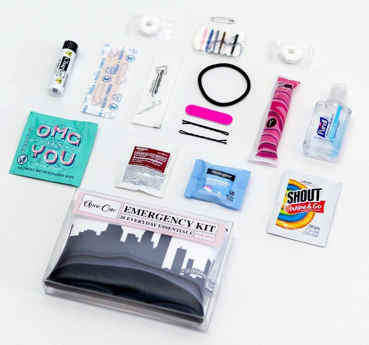 the mini wallet emergency kit with various essentials laid out