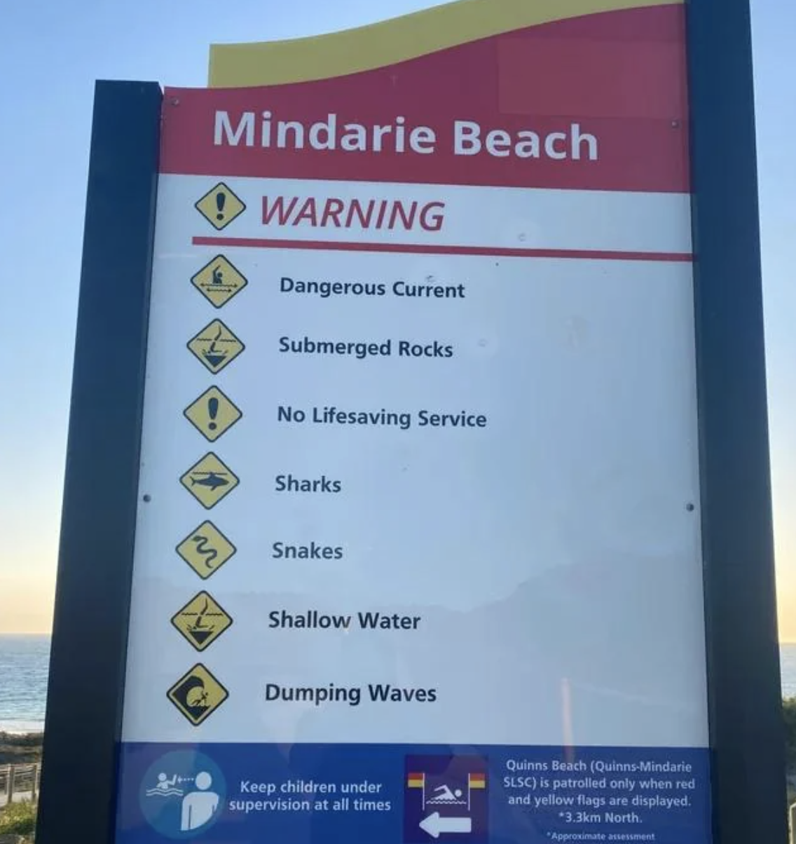 warning sign at the beach with a list of things and sharks is listed next to a photo of a shark with helicopter wings