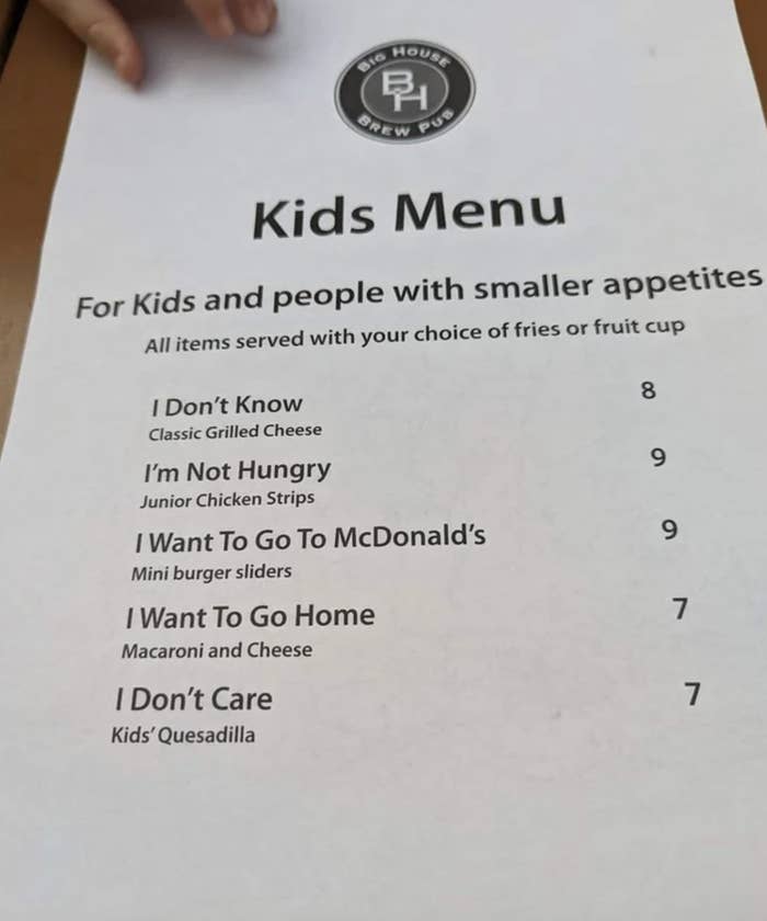 menu items listed as, &quot;i don&#x27;t care&quot;, &quot;i want to go home&quot;, &quot;i&#x27;m not hungry&quot;