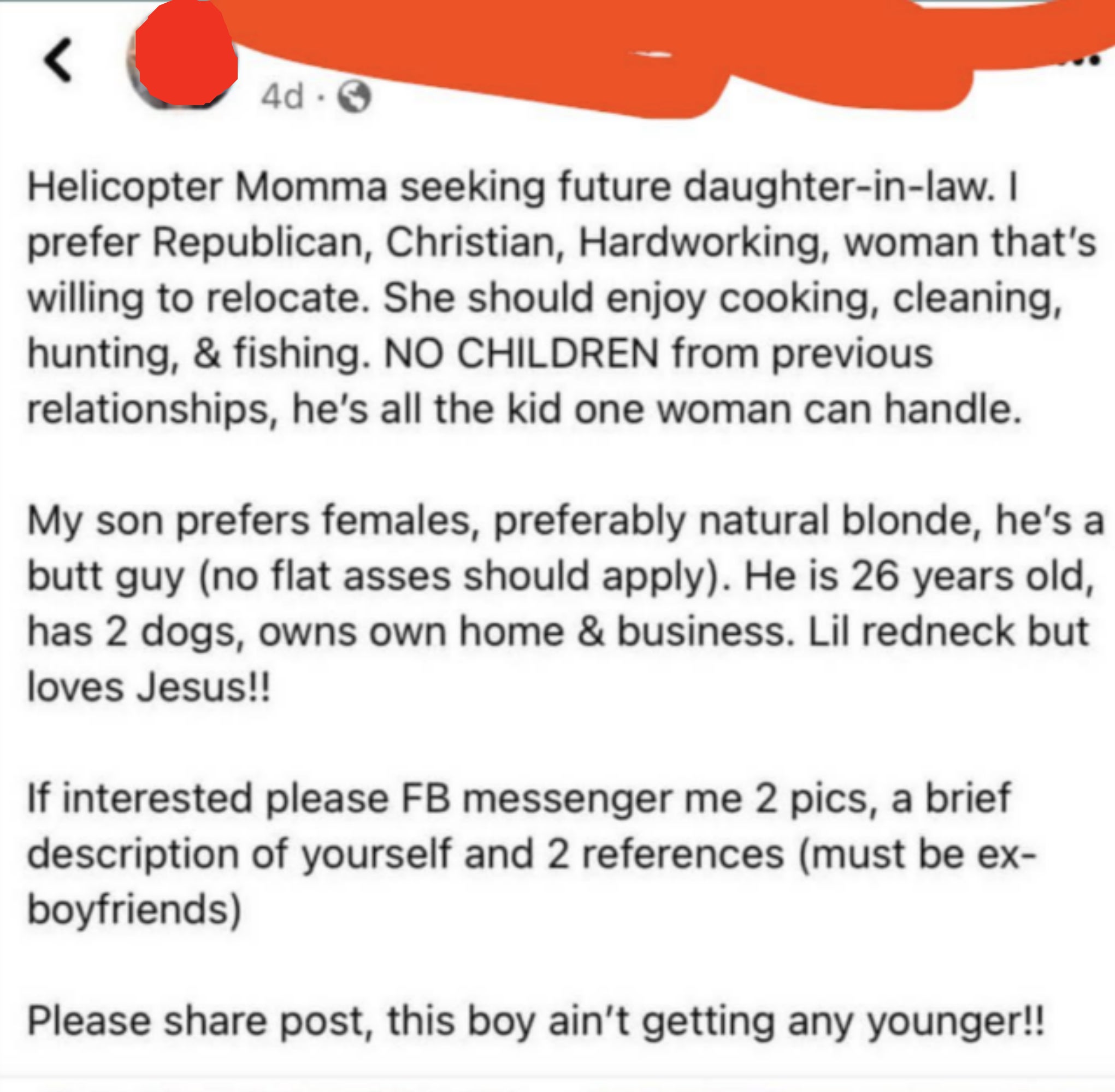 mom saying her boy isn't getting any younger with a long list of requirements