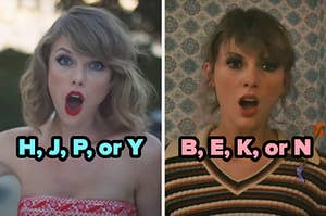 On the left, Taylor Swift opening her mouth wide in the Blank Space music video with H, J, P, or Y typed under her chin, and on the right, Taylor Swift opening her mind in the Anti-Hero music video with B, E, K, or N typed under her chin
