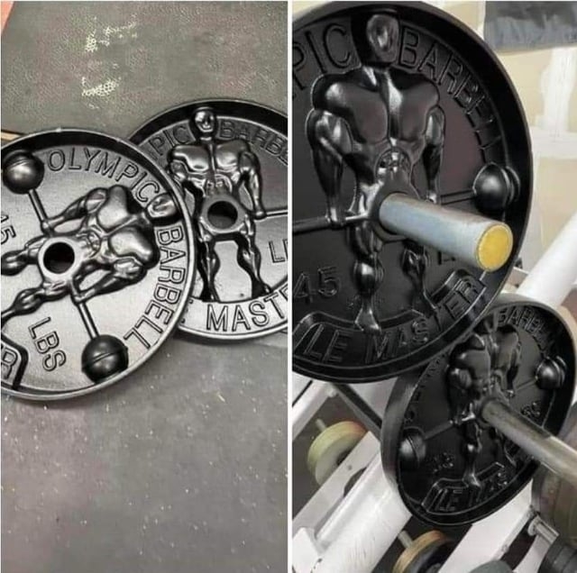 weights added to a bar and the bar sticks out right at the pelvis of the man etched into the weight