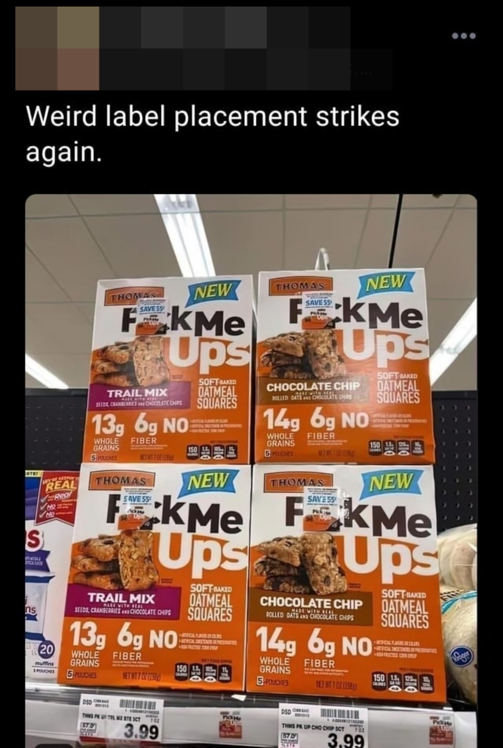 coupon sticker on a box covering letters so it now reads, f-k me ups