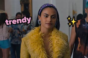 Teenage girl with long silky hair wears a wide headband covered in rhinestones. She also dons a blazer with fuzzy lapels, and the word "trendy" is over the image.