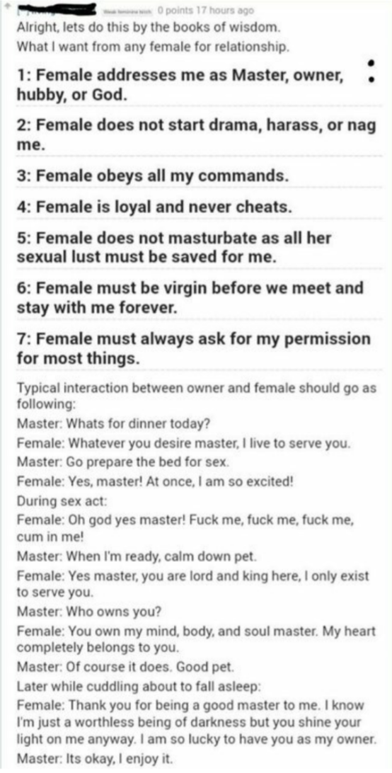 wanting a female that does not nag or masterbate