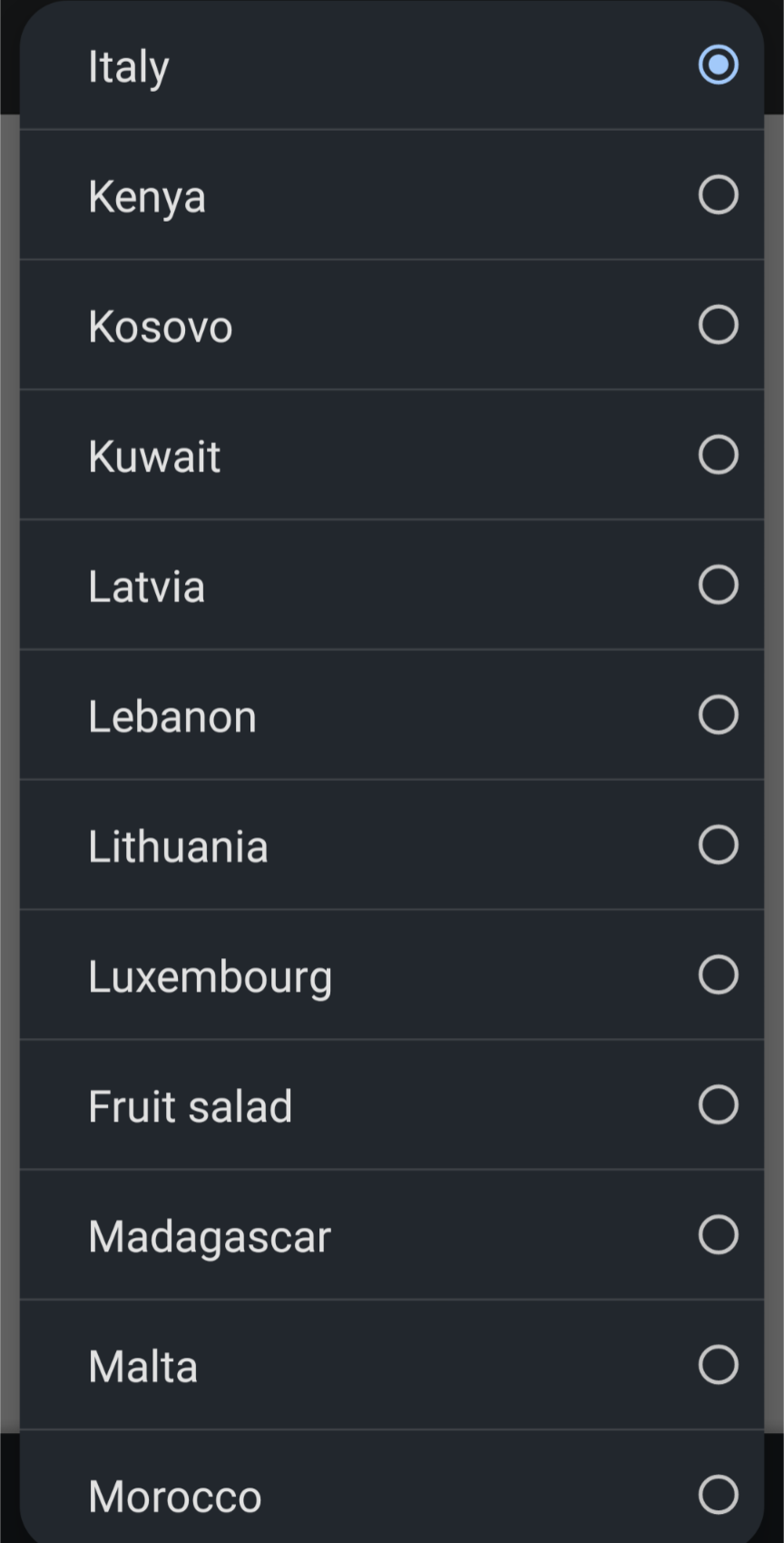Online form asking a user to select their country, and one of the options is &quot;fruit salad&quot;