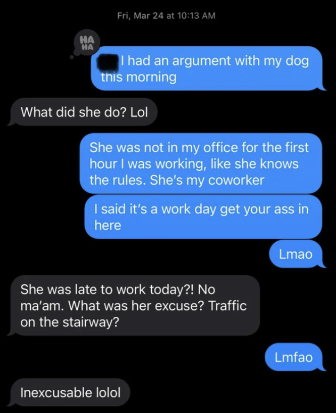 text conversation where friend 1 tells friend 2 a silly story about their dog not joining them in their home office and therefor being late to work