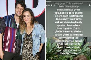 Haley Lu Richardson and Brett Dier side by side Haley's instagram story detailing that they'd been broken up for 7 years