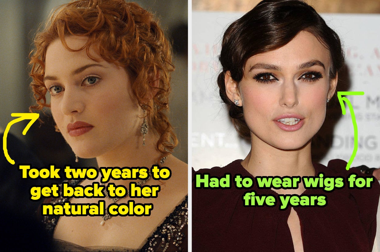 kate winslet in titanic captioned "Took two years to get back to her natural color" and natalie portman captioned "had to wear wigs for 5 years"