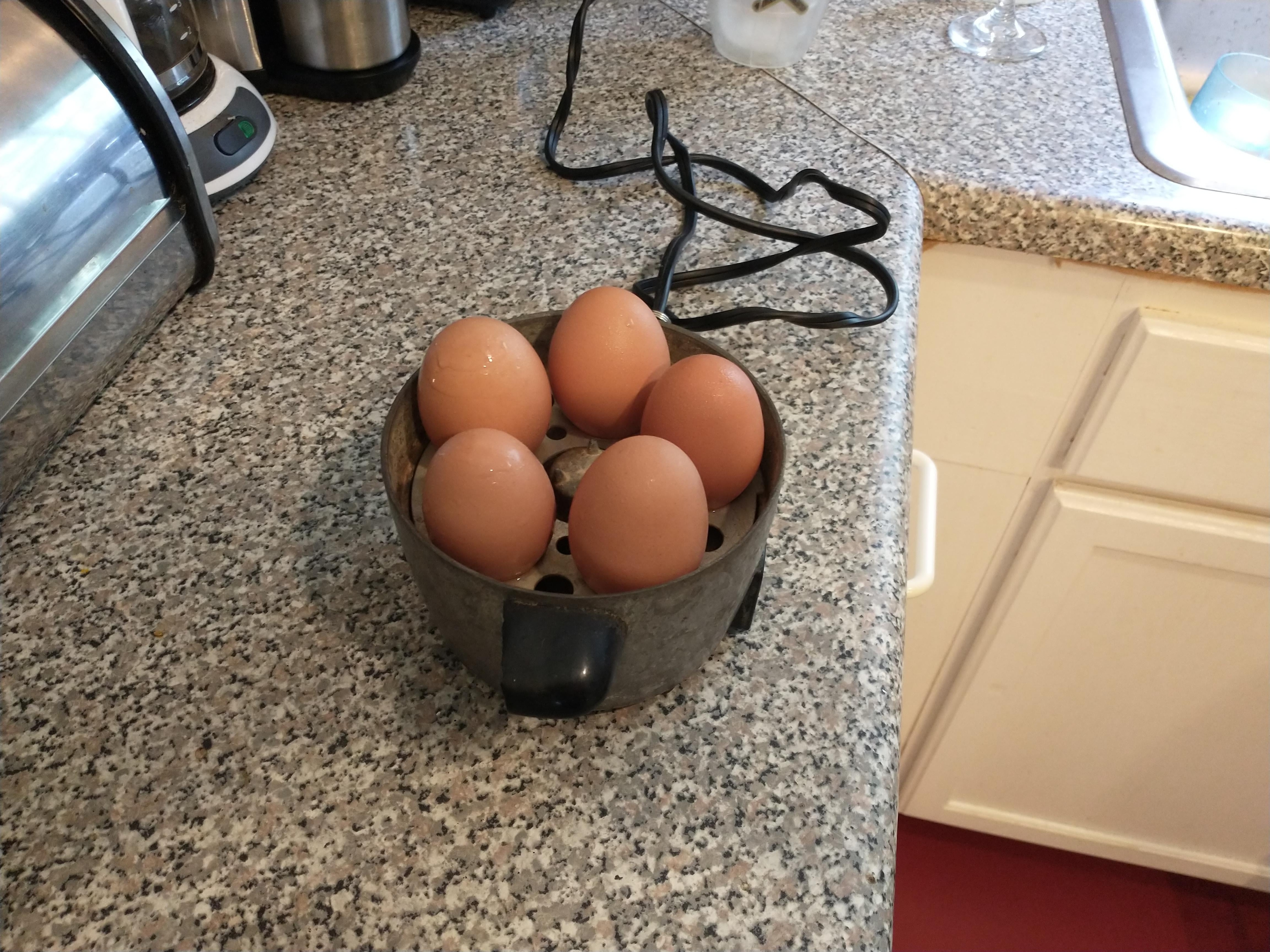eggs in a metal egg poacher on the counter