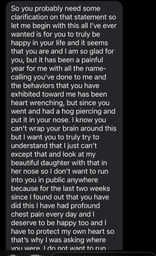 long message from the mom explaining that seeing her daughter with a nose piercing will give her a heart attack