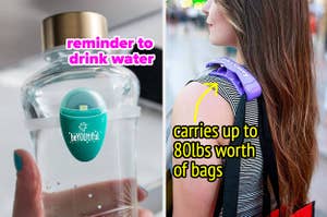 drink reminder on water bottle and model with bag carrier holding groceries on shoulder