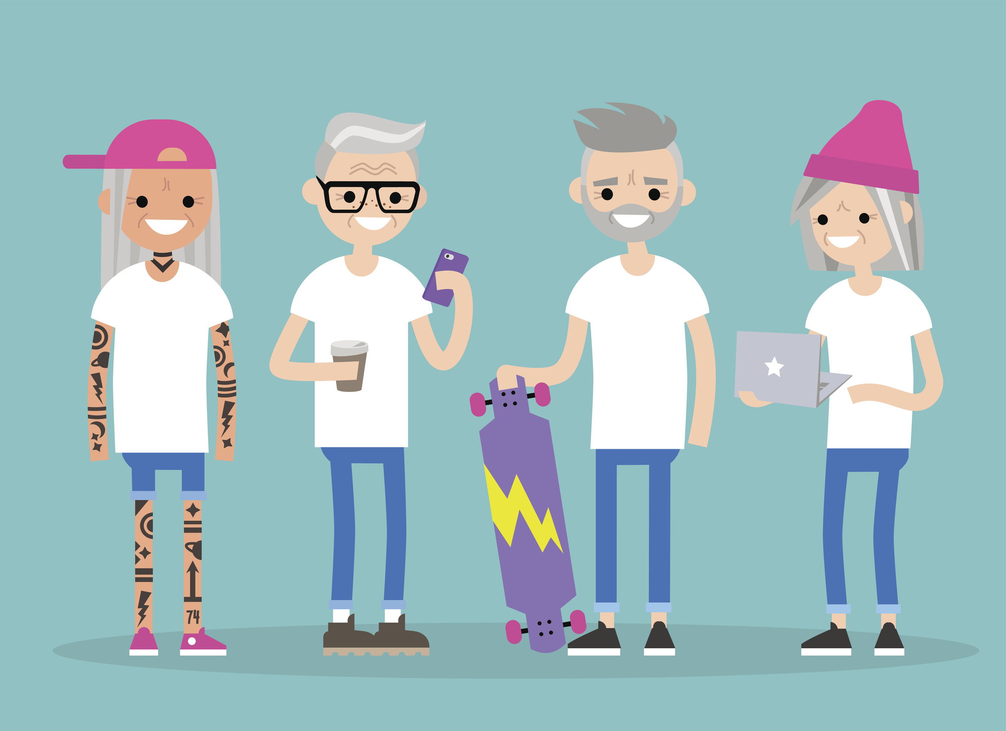 graphic of older people with gray hair holding skateboards, laptops, wearing beanies, and backwards hats
