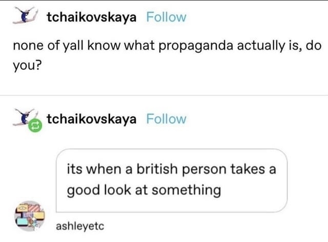 someone asks, none of y&#x27;all know what propaganda actually is do you, and a person responds, it&#x27;s when a british person takes a good look at something