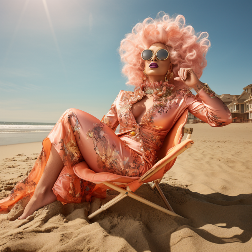 they&#x27;re lounging on the beach in a floral silk long-sleeved dress with short curly pink hair