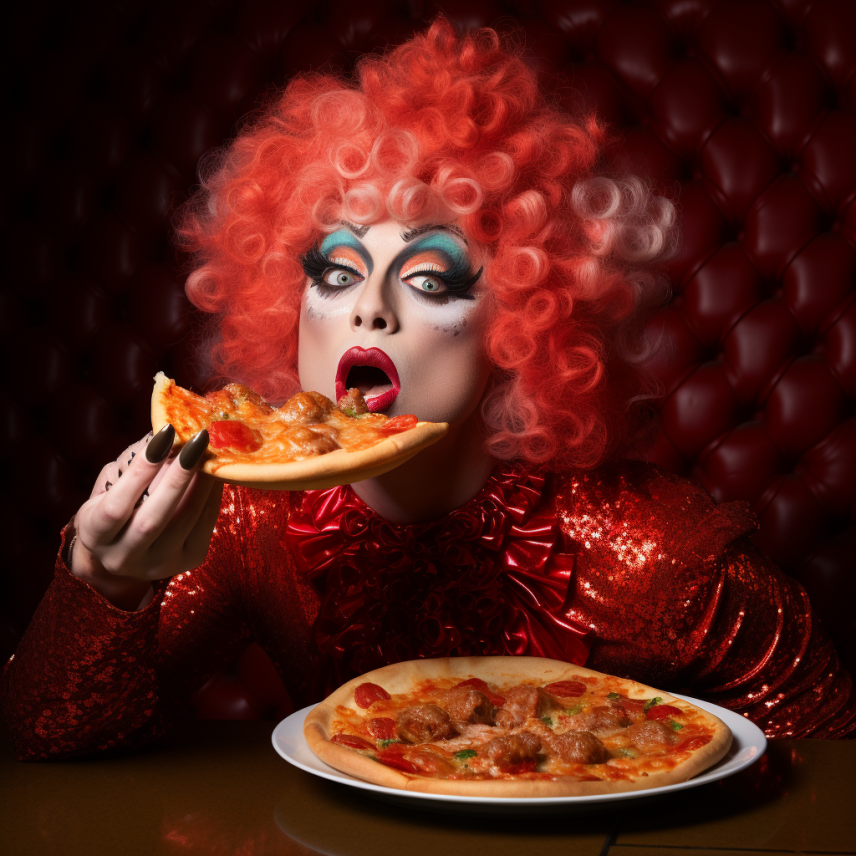 person eating pizza in a sequenced top and big red hair