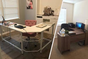 Reviewer image of white L-shaped desk with pink office chair, reviewer image of wooden desk with side panels and desk supplies