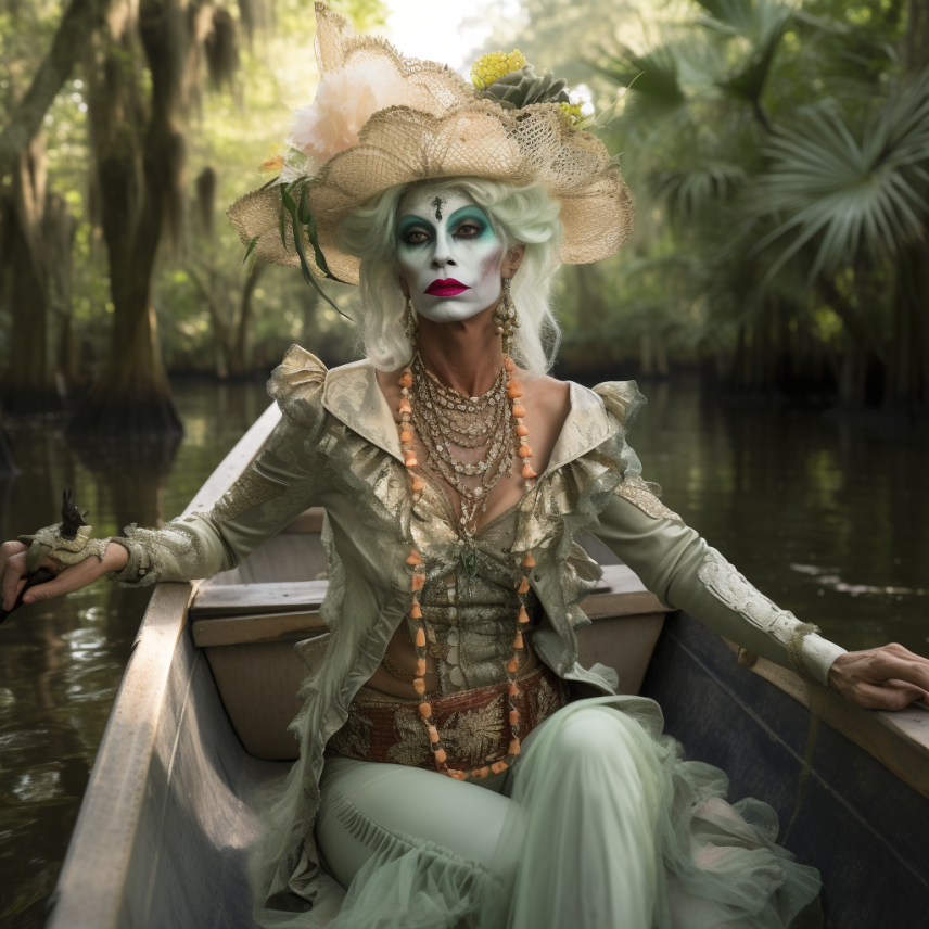 person in a canoe wearing a ruffled dress with a lavish straw hat and layered necklaces