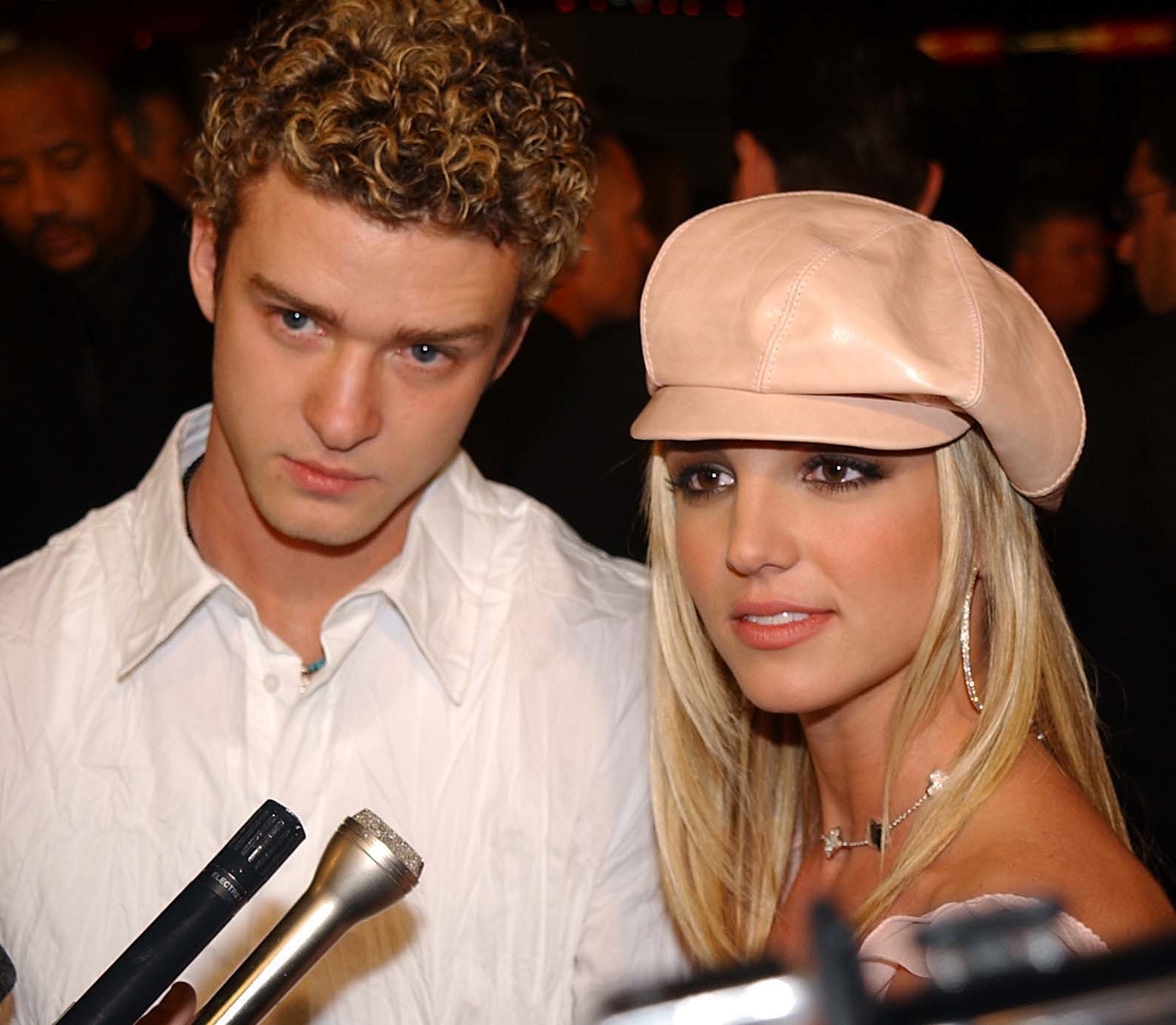 Close-up of Justin and Britney at a media event