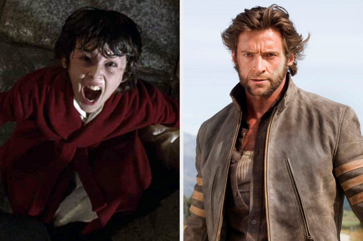 Troye playing Wolverine screaming in agony side by side a still of Hugh Jackman as Wolverine