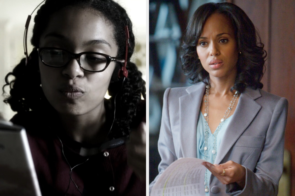 Yara Shahidi as young olivia in glasses and headphone side by side with Kerry in a suit as olivia