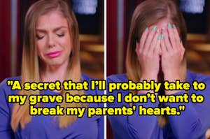 crying woman captioned A secret that I’ll probably take to my grave because I don’t want to break my parent's heart"