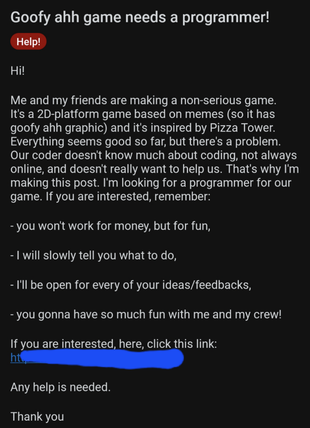 &quot;goofy ahh game needs a programmer!&quot;