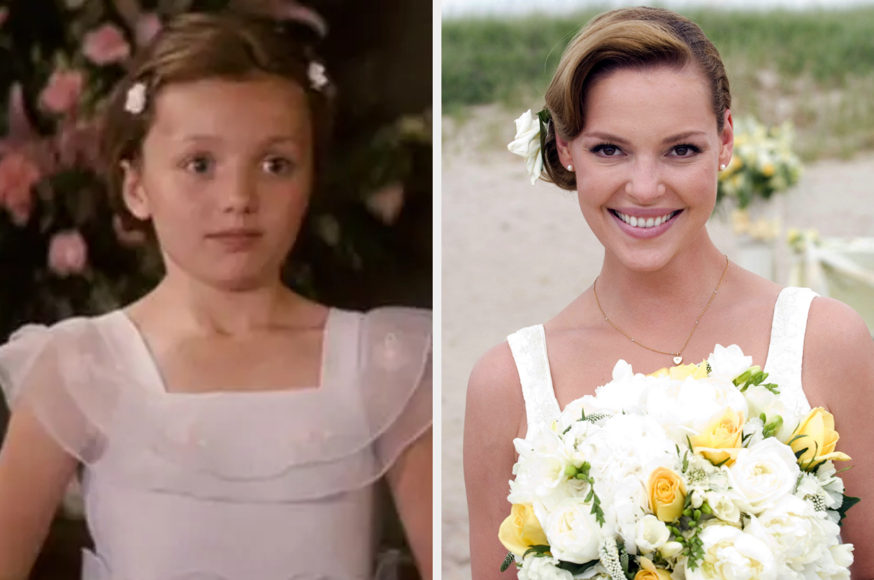 Peyton List wearing a dress and hair clips as young jane in a flashback side by side with katherine heigl holding a bouquet in a wedding scene as jane