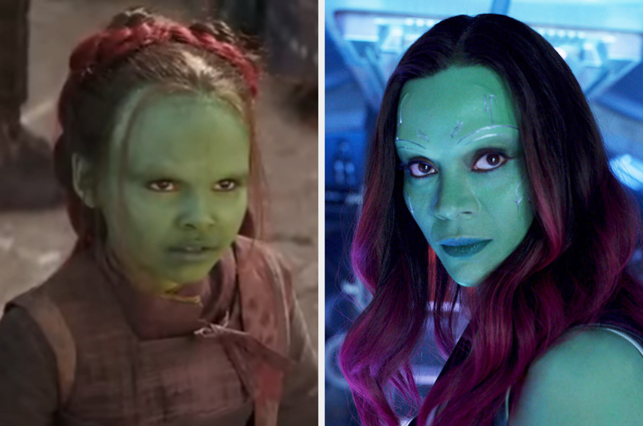 Ariana as young gamora in a flashback scene side by side with zoe as gamora in guardians of the galaxy 2