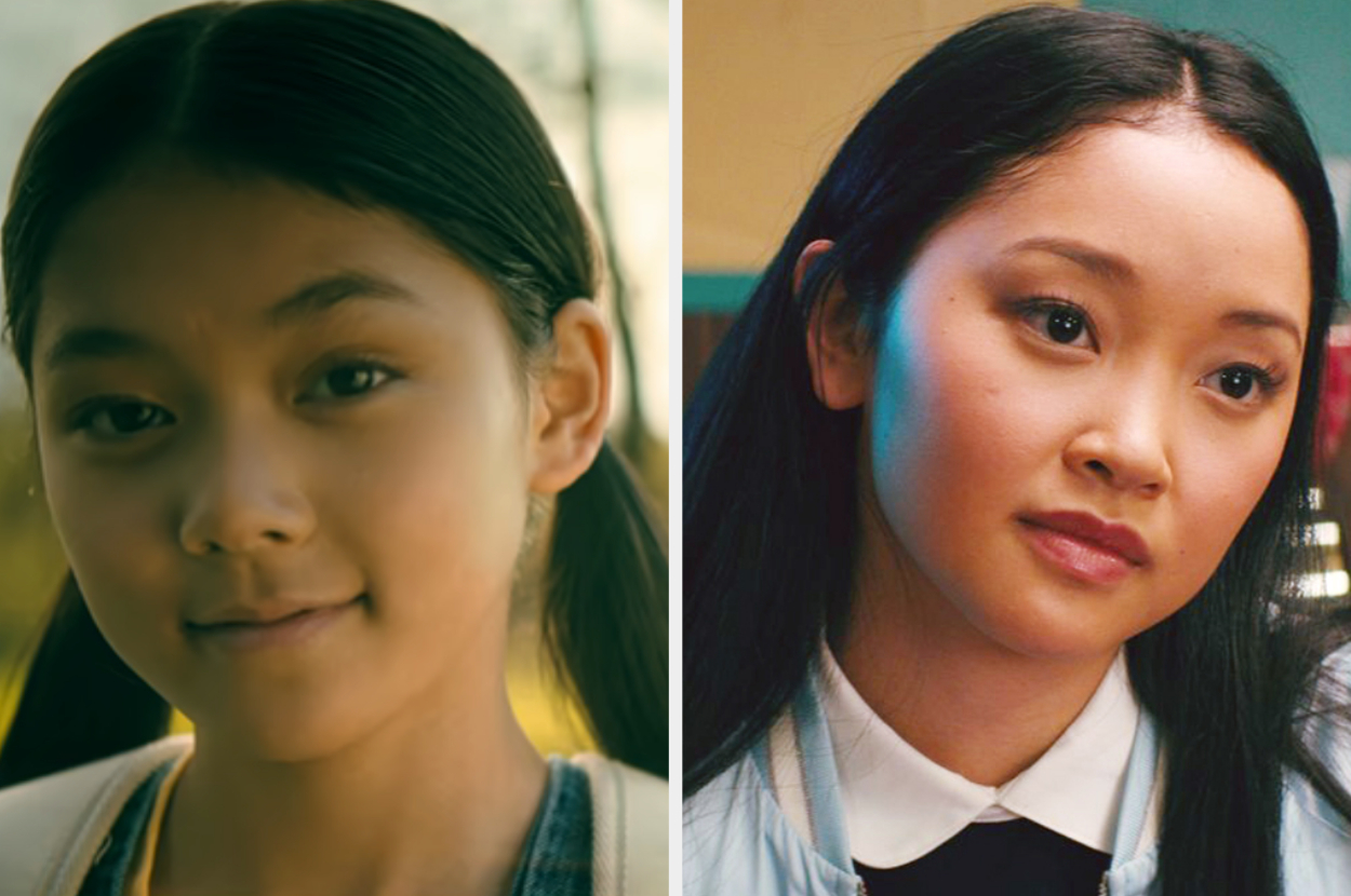 Momona Tamada as young lara jean close up in pigtails side by side Lara as Lara Jean in the first movie