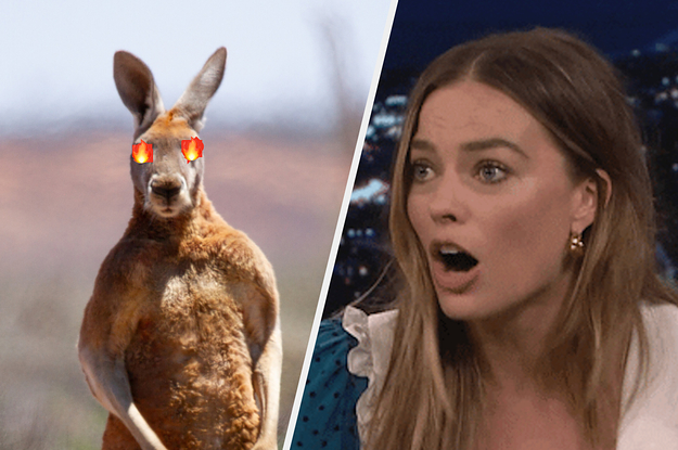 A kangaroo with flames for eyes and Margot Robbie scared.