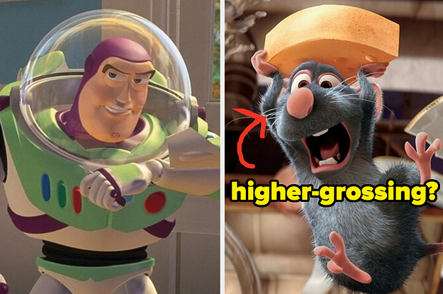 Buzz Lightyear talks into his space suit armpiece next to a separate image of Remy, the rat from Ratatouille, holding cheese and running.