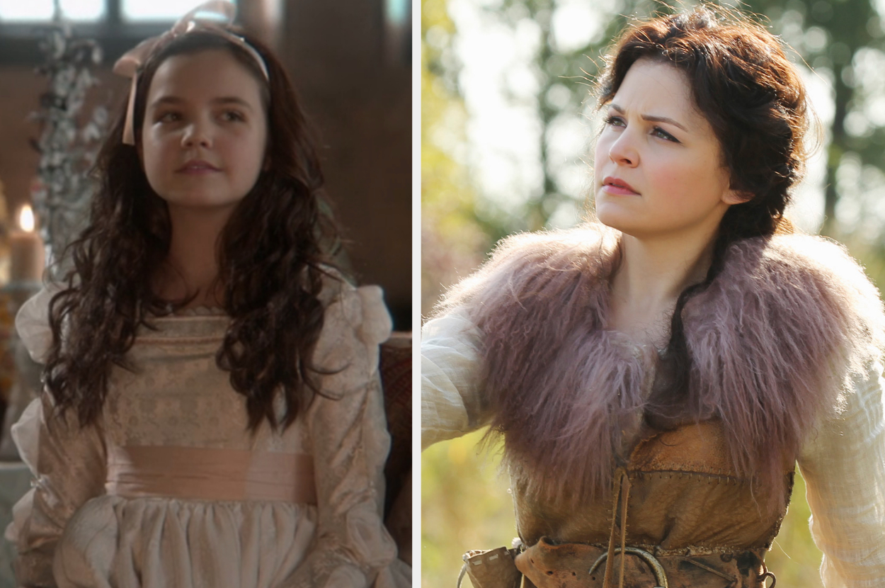 Bailee Madison as young snow in a dress and bow side by side ginnifer&#x27;s character