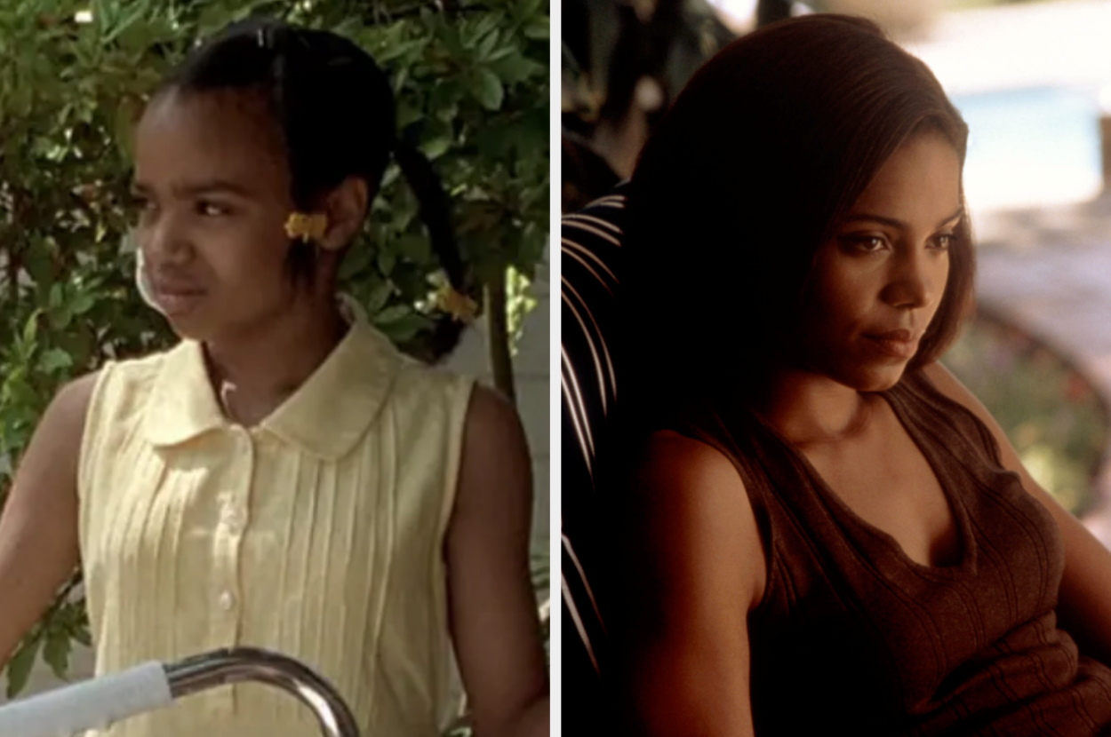Kyla Pratt riding a bicycle as young monica side by side a picture of sanaa lathan as monica