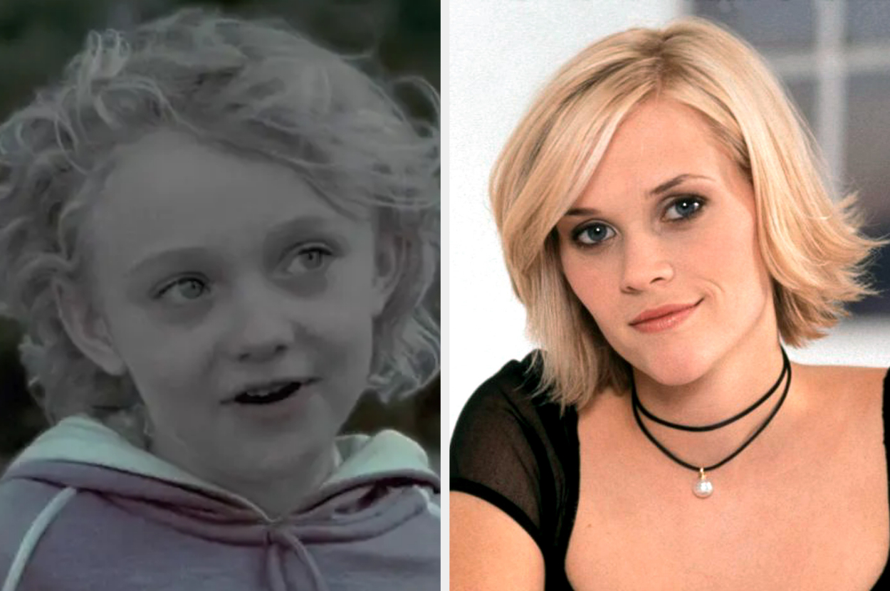 Young dakota fanning as young melanie with curly hair and a sweatshirt side by side reese witherspoon in a short haircut as melanie in the movie