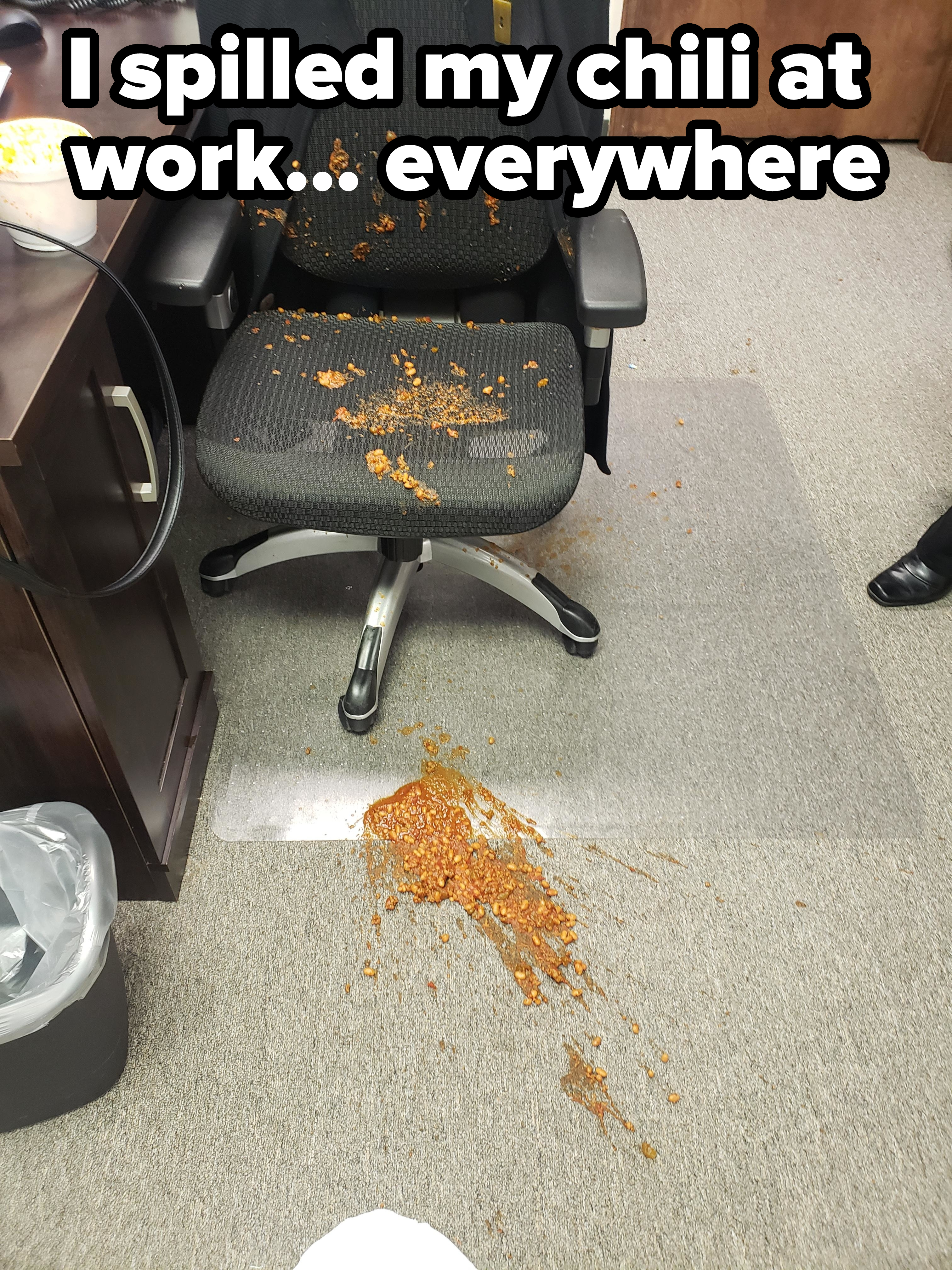 Chili all over someone&#x27;s desk chair and floor