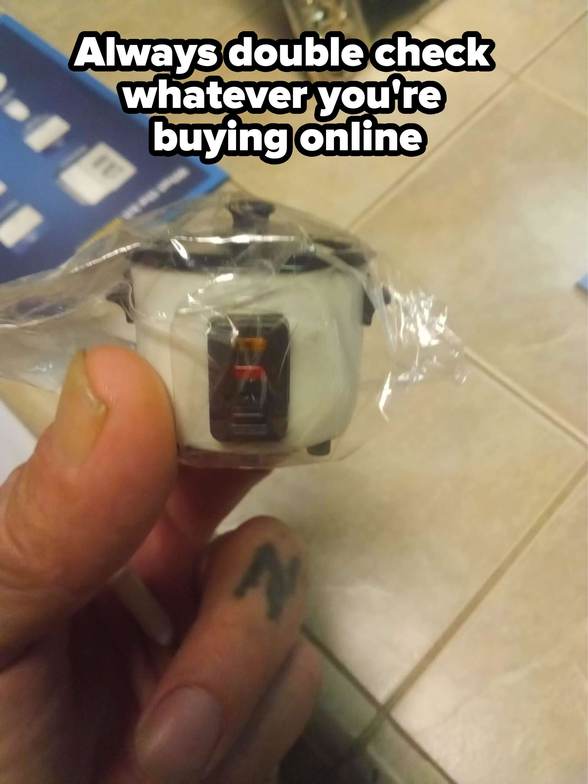 A person holding a tiny pot, with caption, &quot;Always double-check whatever you&#x27;re buying online&quot;