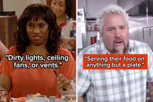 "Dirty lights, ceiling fans, or vents" over a cringing woman at a restaurant, and "serving their food on anything but a plate" over shocked guy fieri