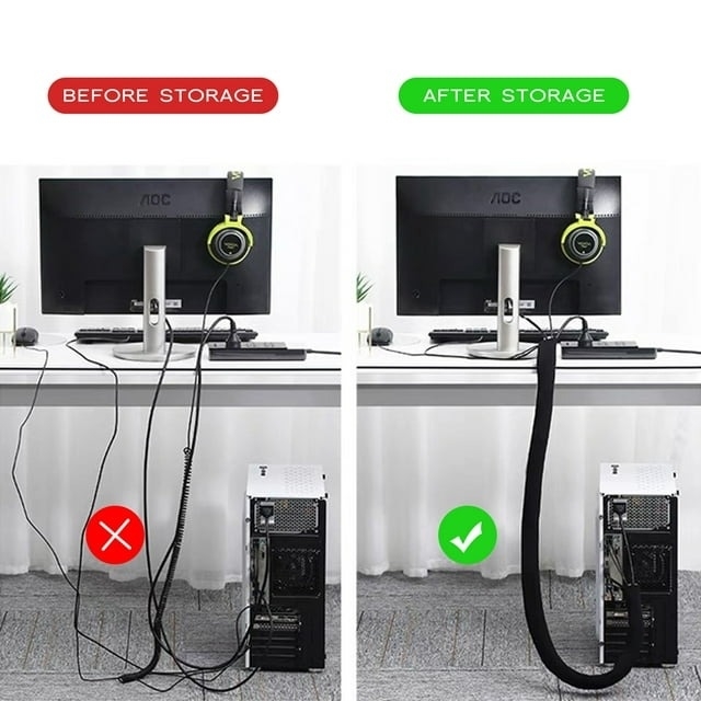 a before and after picture of a computer set up: one with cables everywhere, and another one with all the cables contained by the cable sleeve.