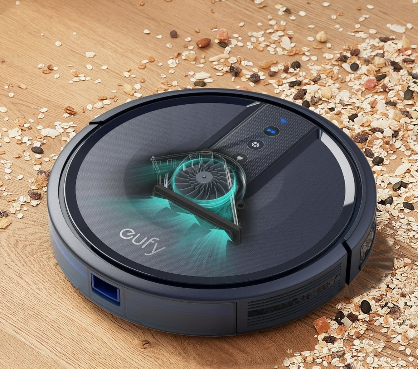 A robot vacuum cleaning a path through a pile of granola